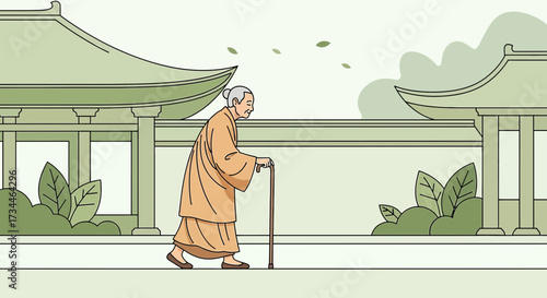 Illustration of a senior monk walking with a cane in a traditional asian setting