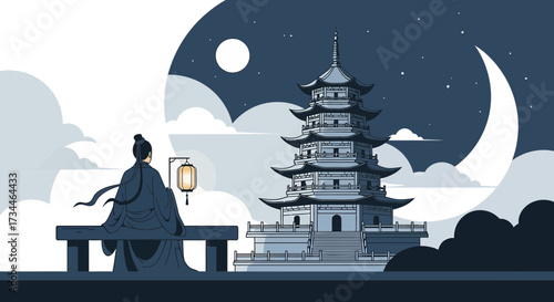 Illustration of a solitary figure admiring a pagoda under the moonlight in a serene landscape