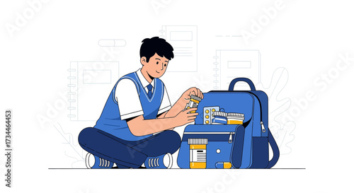 Illustration of a student taking medicine from their backpack for medical care concept