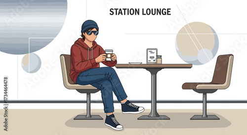 Illustration of a stylish young man relaxing with coffee in a modern station lounge setting