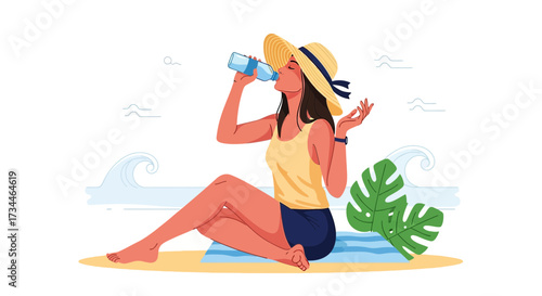 Illustration of a woman drinking water on the beach during summer vacation enjoying the sun