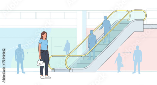 Illustration of a woman near an escalator in a commercial or public space scene