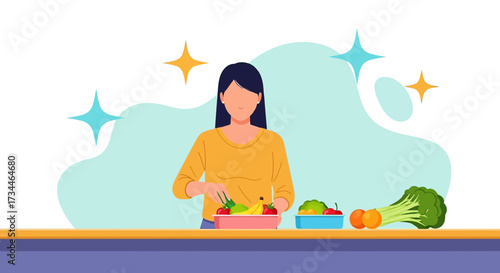 Illustration of a Woman Preparing Healthy Food with Fresh Fruits and Vegetables for Lifestyle