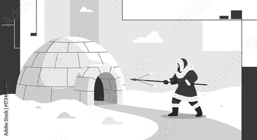 Illustration of an Inuit hunter with a harpoon standing near an igloo in the Arctic landscape with