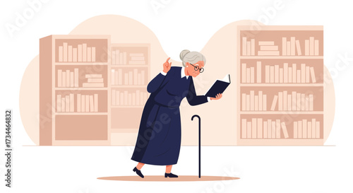 Illustration of an elderly woman engrossed in reading a book in the library stacks