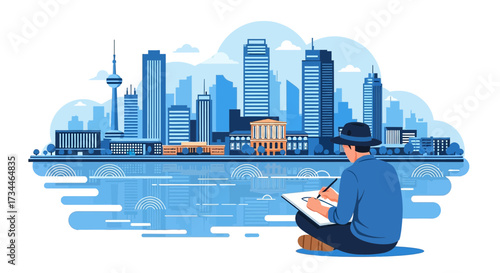 Illustration of an artist drawing a cityscape with skyscrapers and modern architecture minimal style