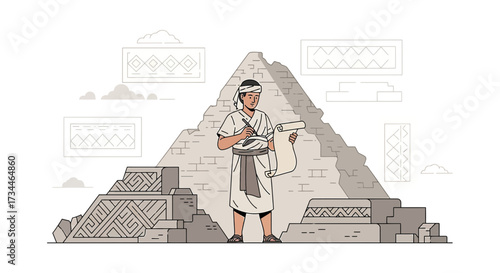 Illustration of ancient scribe writing on papyrus near pyramid, evoking historical narratives and