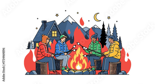 Illustration of friends roasting marshmallows around a campfire in the mountains under the