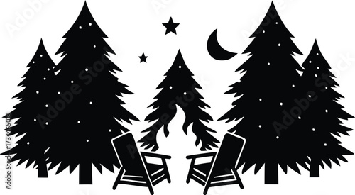Cozy campfire scene with adirondack chairs and of pine trees silhouette vector