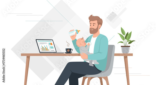 Illustrative depiction of a father multitasking work and childcare at home environment