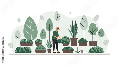 Illustrative Gardening Scene with a Gardener Watering Plants in a Green Environment