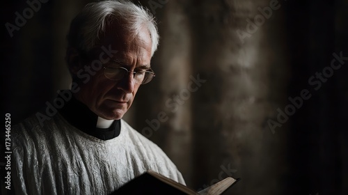 Elderly priest in traditional clerical attire concentrating while reading a sacred book in soft light