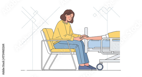 Illustrative image showcasing a woman comforting a patient at the hospital bedside expressing care