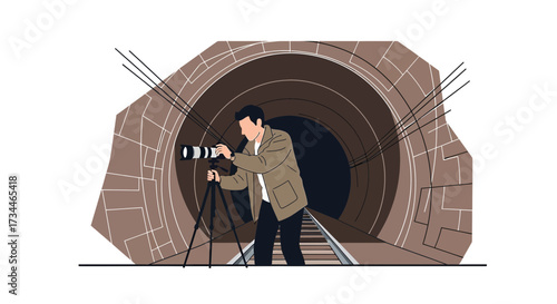 Illustrative scene of a photographer in a tunnel capturing images with a professional camera