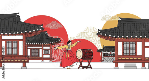 Illustrative korean traditional performance art featuring dancer and architecture landscape