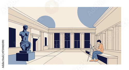 Illustrative scene of an artist painting a statue in an art gallery featuring classical architecture