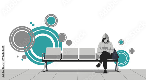 Isolated figure in hoodie sits alone in a waiting area against a modern abstract background