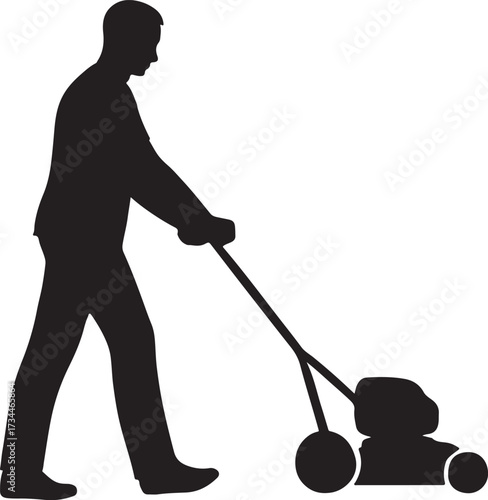 Man pushing an old green lawn mower silhouette vector.