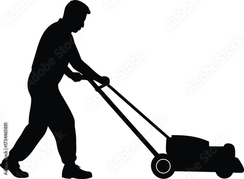 : Man pushing an old green lawn mower silhouette