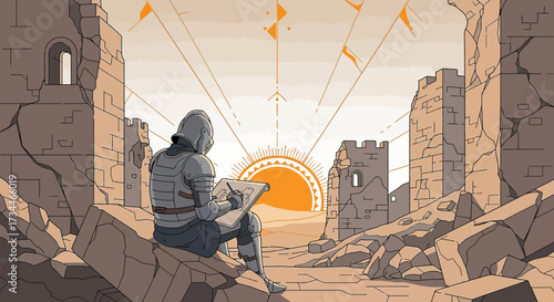 Knight Sketching Ruins A Creative Scene Amidst Ancient Stones and Setting Sun