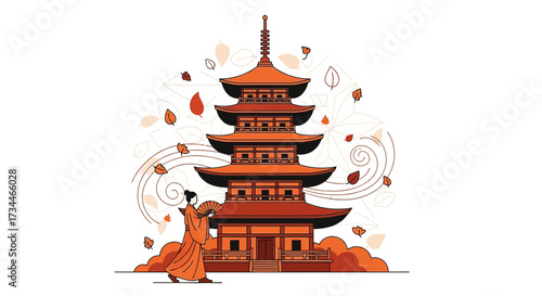 Majestic Japanese Pagoda with Kimono-Clad Woman and Falling Autumn Leaves Depiction