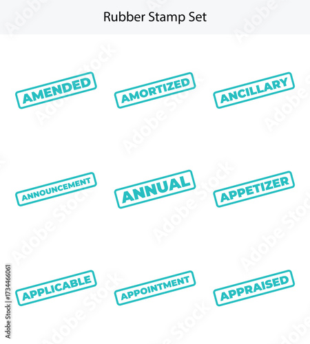 Rubber Stamp Set with Business Terms in Teal Rounded Rectangles on White