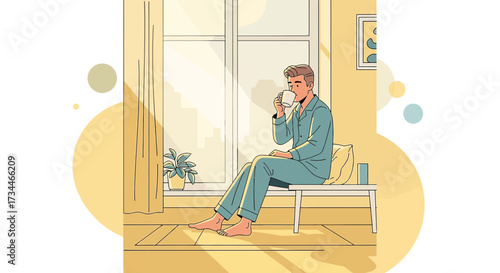 Man enjoying morning coffee in pajamas by the window showcasing a tranquil start to the day