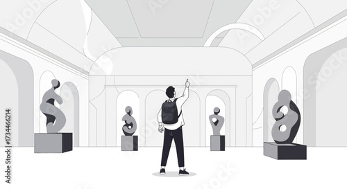 Man exploring art museum, showcasing statues and architectural beauty with backpack and raised