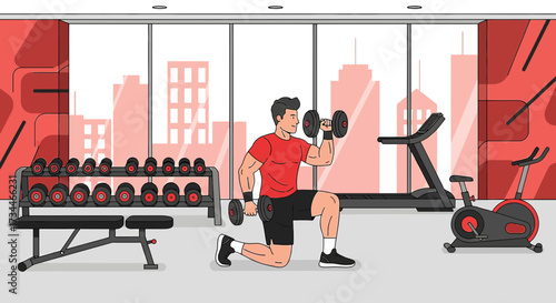 Man exercising with dumbbells in a modern gym, surrounded by fitness equipment and cityscape