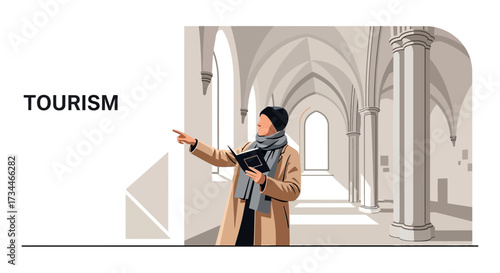 Man exploring historical building, illustrating tourism and cultural experiences destinations