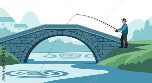 Man Fishing Under a Stone Bridge: A Serene Illustration of Angling and Nature