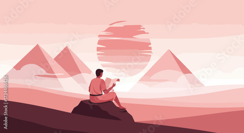 Man reading in desert landscape with pyramids and large setting sun illustration