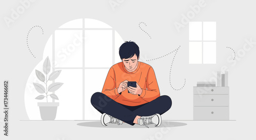 Man sitting cross-legged using a smartphone while feeling down, conveying solitude and technology