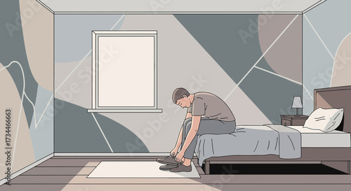 Man tying shoes on bed in room with abstract wallpaper and window illustration