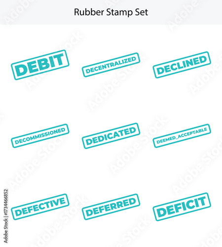 Bild auf Leinwand Rubber Stamp Set with Teal Border, Various Words, Debit Declined Deficit, Isolat