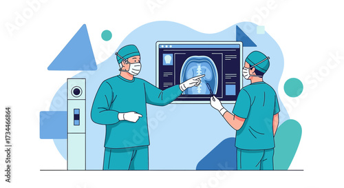 Medical professionals analyzing x-ray image for diagnosis and treatment planning in healthcare