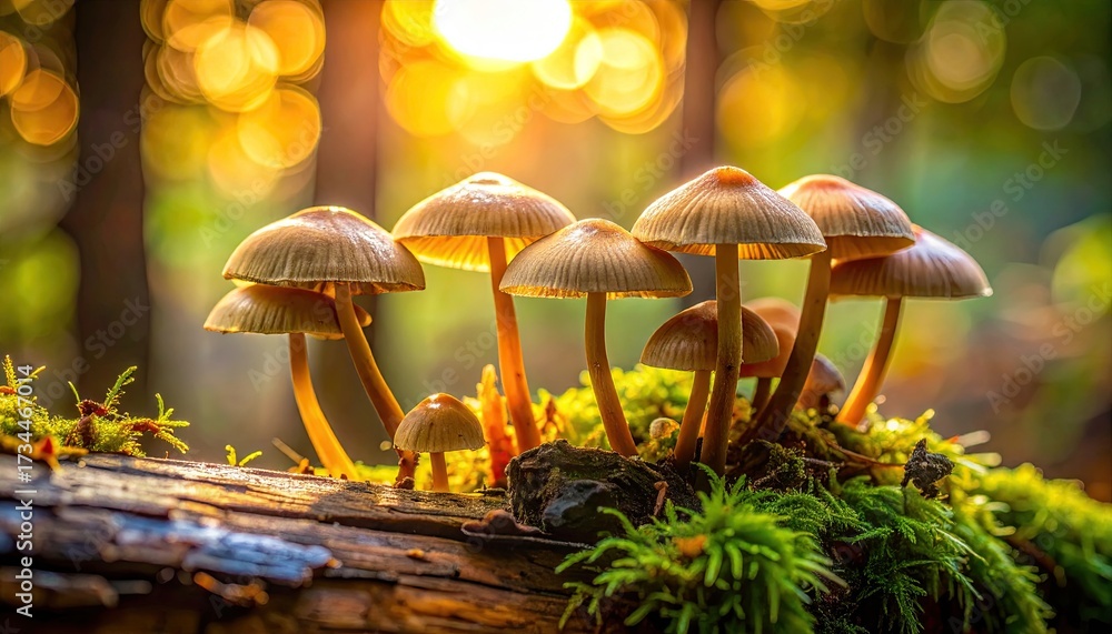 Fototapeta premium Close Up of Group of Wild Mushrooms on Mossy Log at Golden Hour