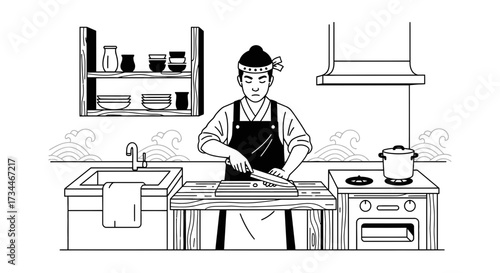 Monochrome illustration of a sushi chef preparing food in a traditional japanese kitchen