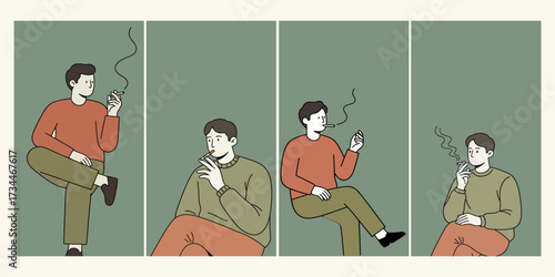 Vector illustration set of a young man in casual attire smoking a cigarette in various pensive and relaxed seated poses