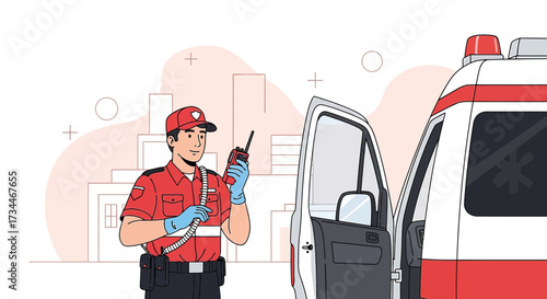 Paramedic dispatching assistance near ambulance in a modern urban setting illustration