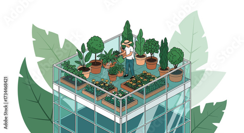 Rooftop garden illustration with a gardener tending to plants on a modern building