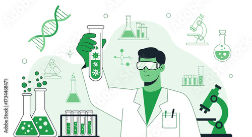 Scientist in the lab researching virus, working on vaccine and holding tube with infected sample