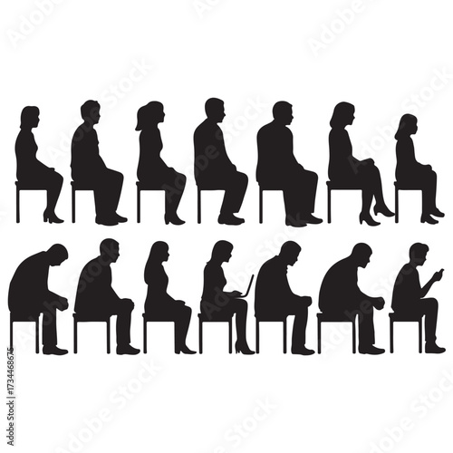 men and 
women and teenagers sitting on bench or chair business group in profile view