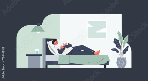 Sleeplessness and Anxiety Illustration Showing a Man Lying Awake in Bed Depressed Feeling Lonely