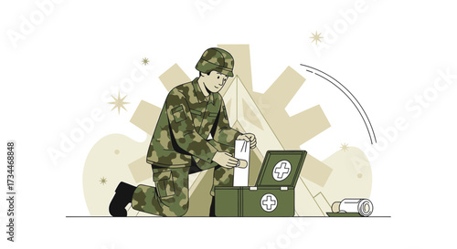 Soldier providing first aid with first aid kit, caring for injured person during conflict