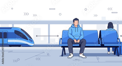 Social distancing at the train station, people sitting apart on benches maintaining distance,