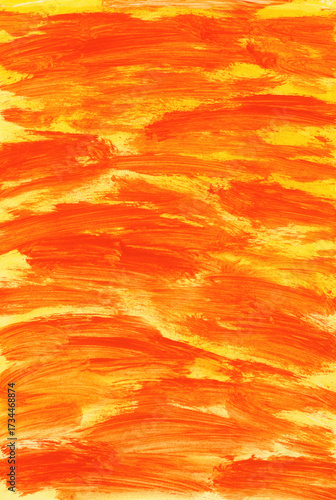 Vertical artistic yellow backdrop with bright orange brushstrokes of acrylic or oil paint. Abstract texture on canvas. Warm autumn mood concept. Background with place for text.