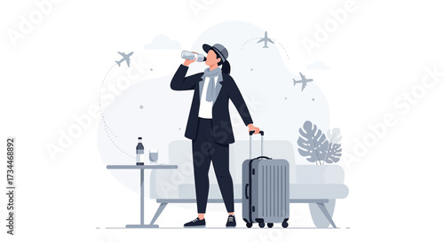 Stylish traveler hydrates before flight in modern airport lounge illustration graphic