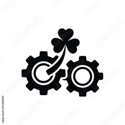 Mechanical gears interconnected with a four-leaf clover symbolizing luck and teamwork in engineering or industrial processes