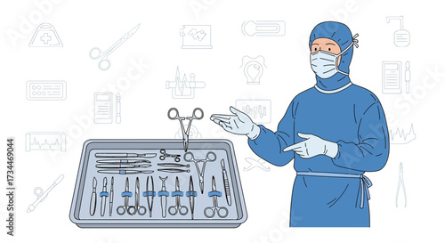 Surgeon presenting surgical instruments in tray concept for medical procedures and healthcare